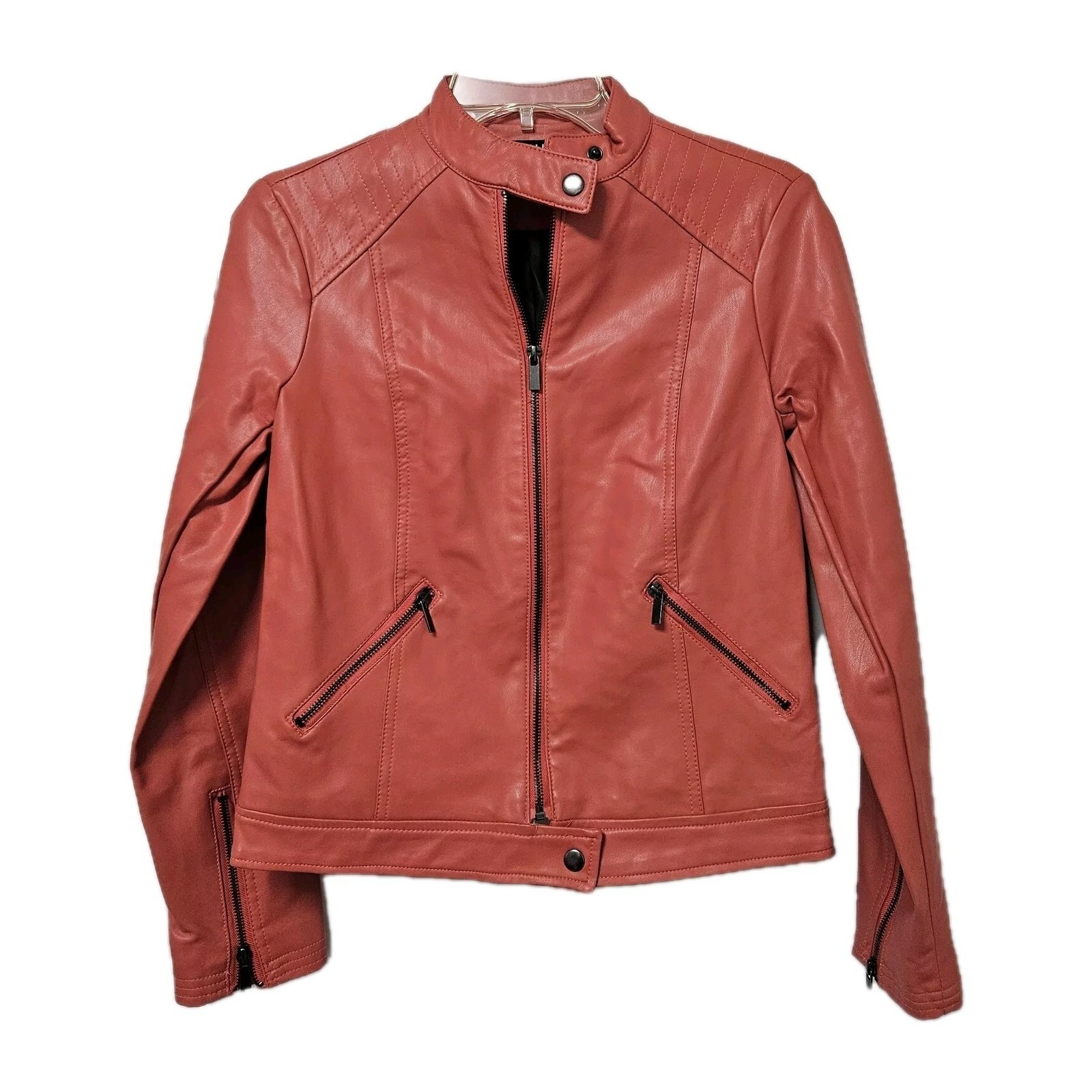 Roz & Ali Moto Jacket Women Xs Coral Faux Leather Quilted Biker Zip Up Jacket